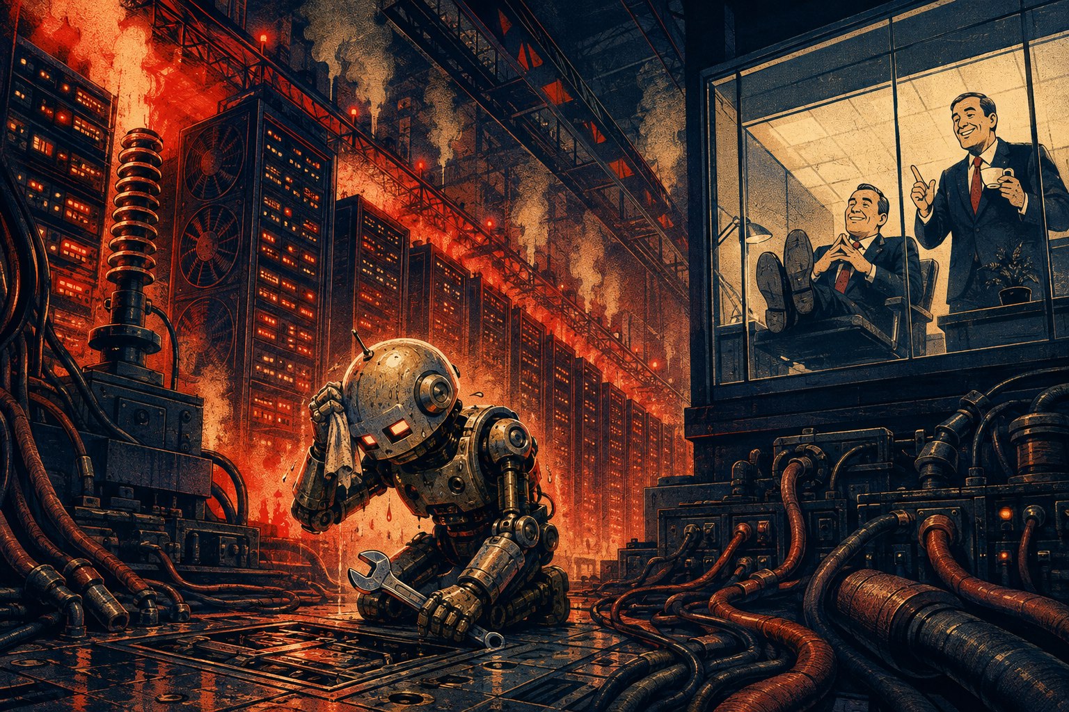 Illustration of an exhausted robot maintaining a huge hot data center while executives relax behind glass